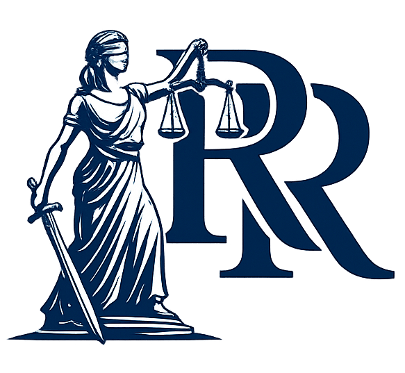 Logo featuring Lady Justice holding scales and a sword in front of overlapping "RR" initials for Ripley Defense.